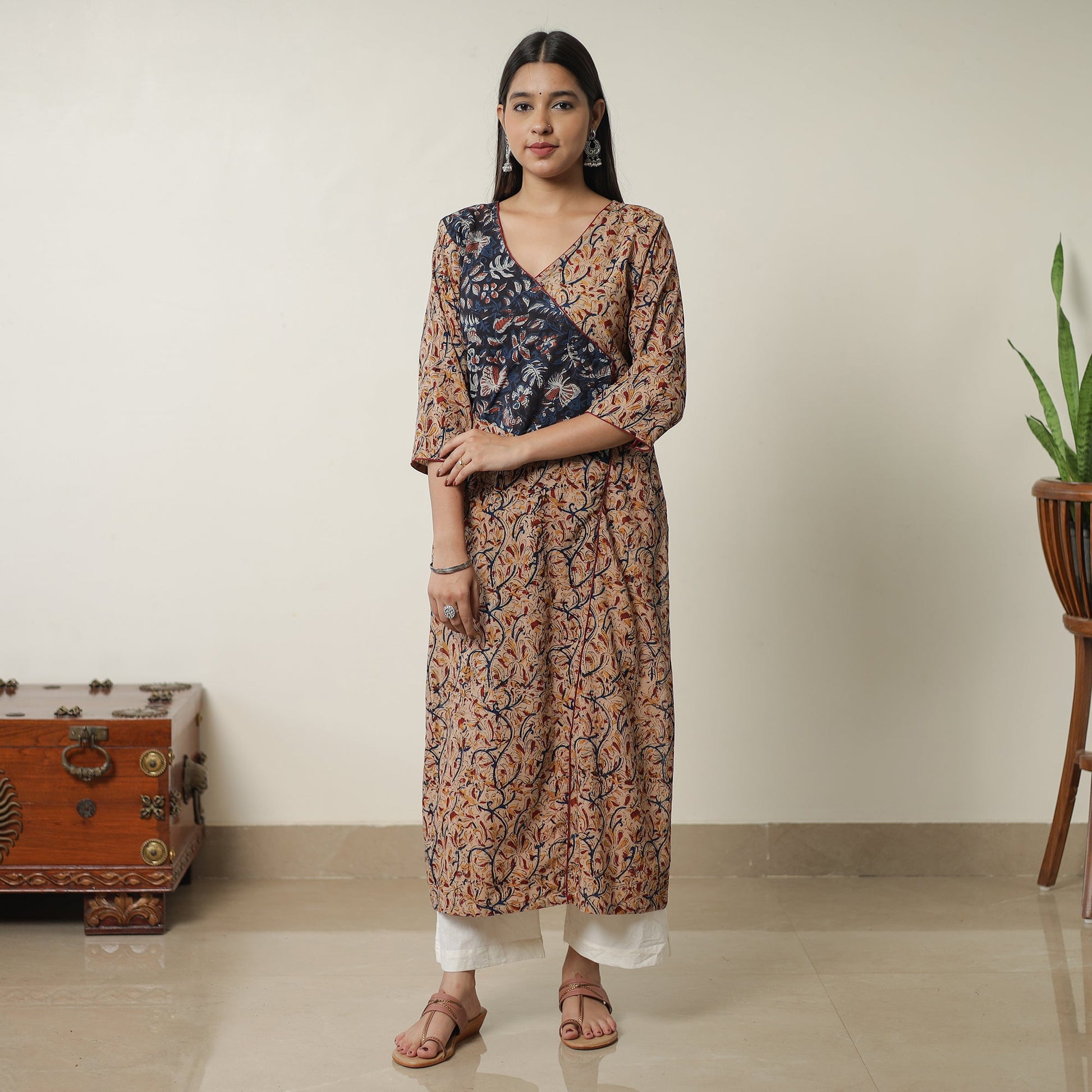 Beige - Pedana Kalamkari Block Printed Cotton Straight Kurta with Ajrakh Patchwork 10