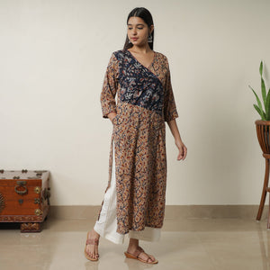 Beige - Pedana Kalamkari Block Printed Cotton Straight Kurta with Ajrakh Patchwork 10