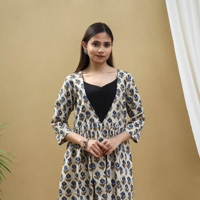 Beige - Block Print Cotton Flared Ajrakh Dress 09