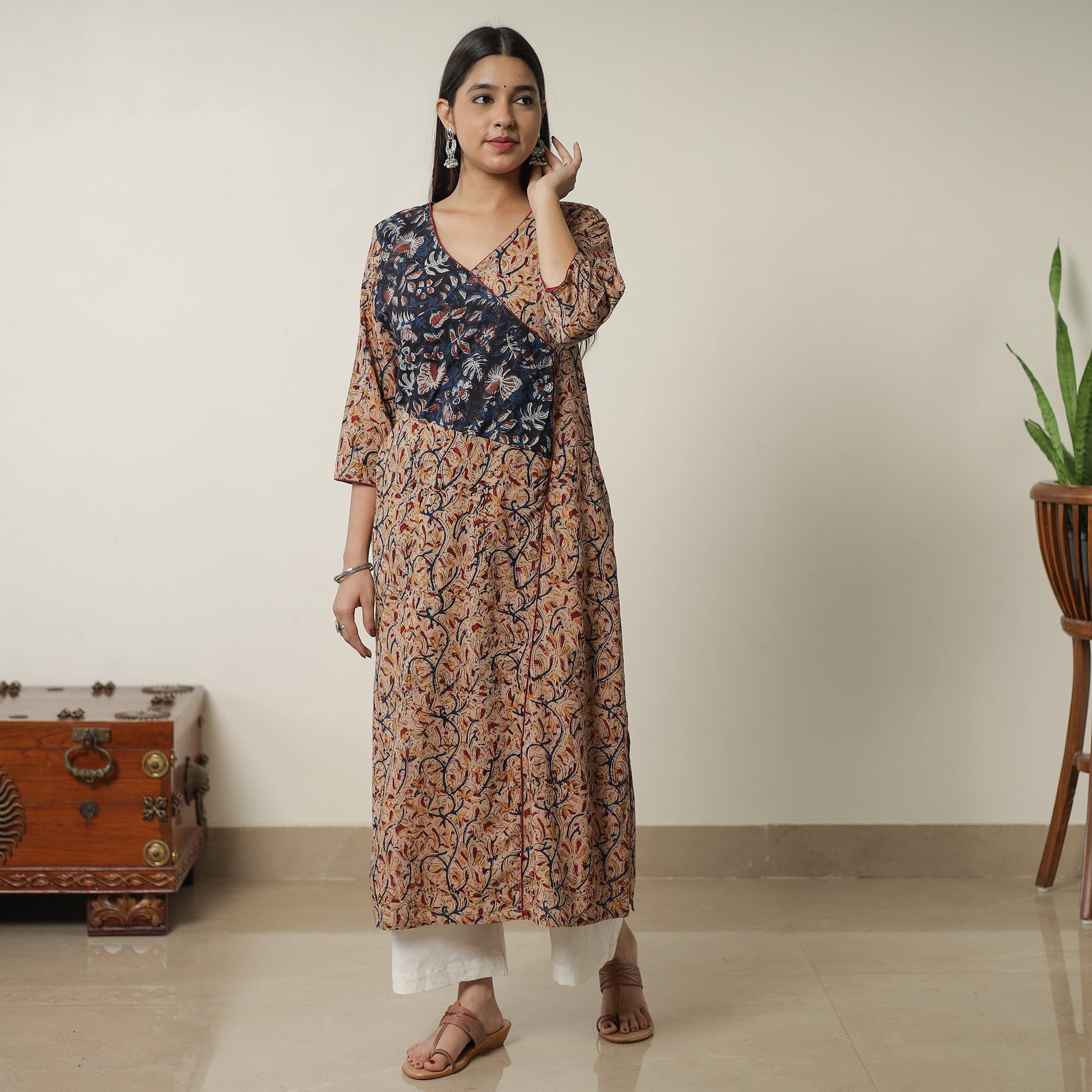 Beige - Pedana Kalamkari Block Printed Cotton Straight Kurta with Ajrakh Patchwork 10