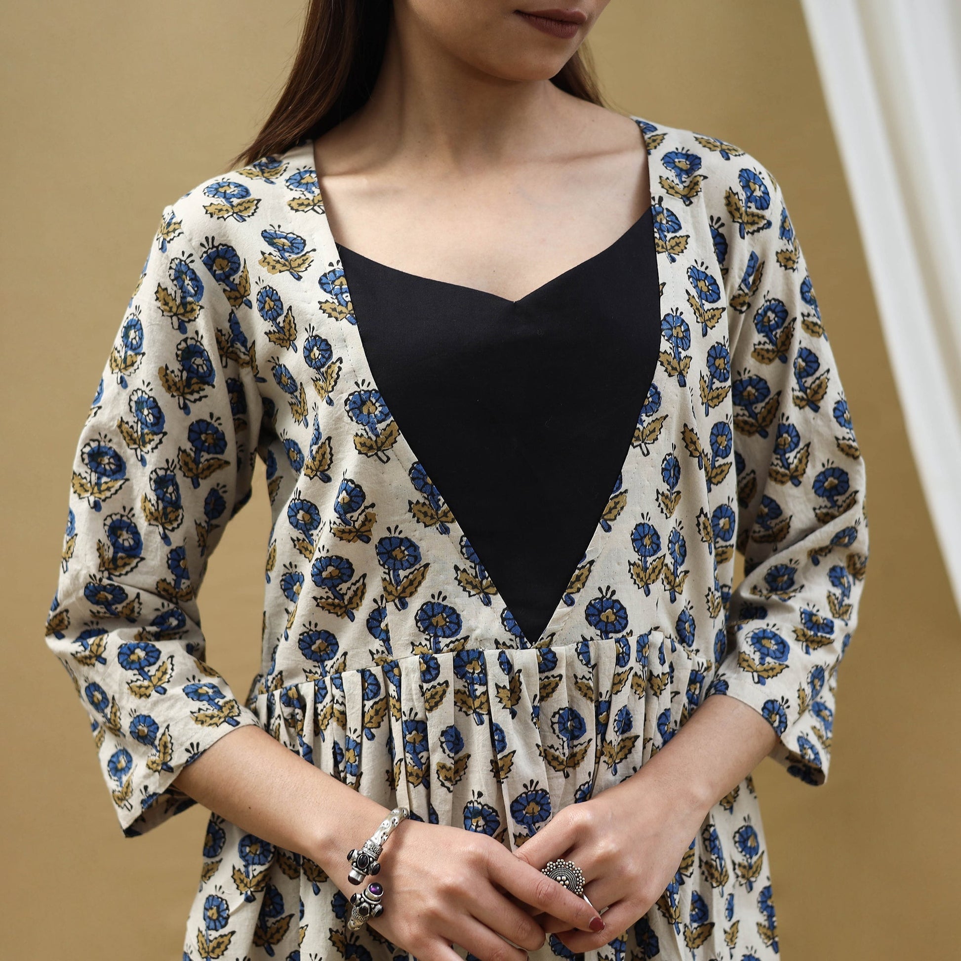 Beige - Block Print Cotton Flared Ajrakh Dress 09