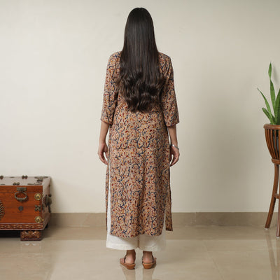 Beige - Pedana Kalamkari Block Printed Cotton Straight Kurta with Ajrakh Patchwork 10