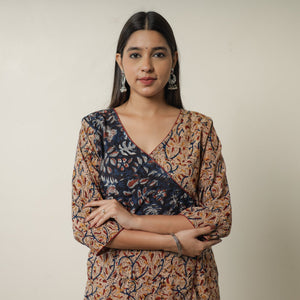 Beige - Pedana Kalamkari Block Printed Cotton Straight Kurta with Ajrakh Patchwork 10