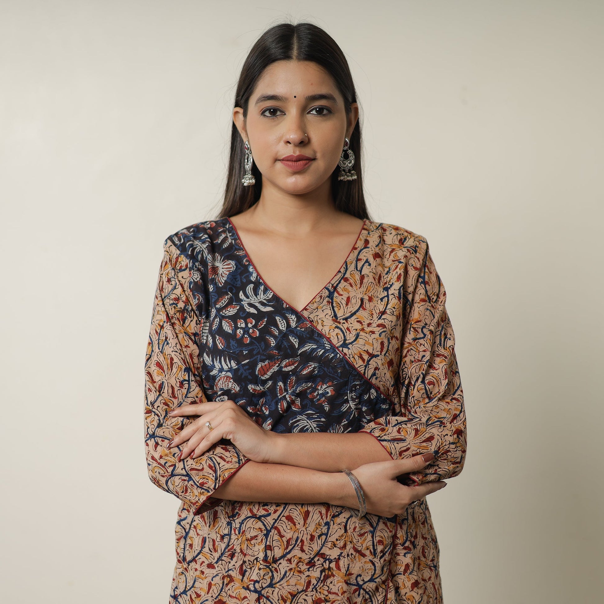 Beige - Pedana Kalamkari Block Printed Cotton Straight Kurta with Ajrakh Patchwork 10