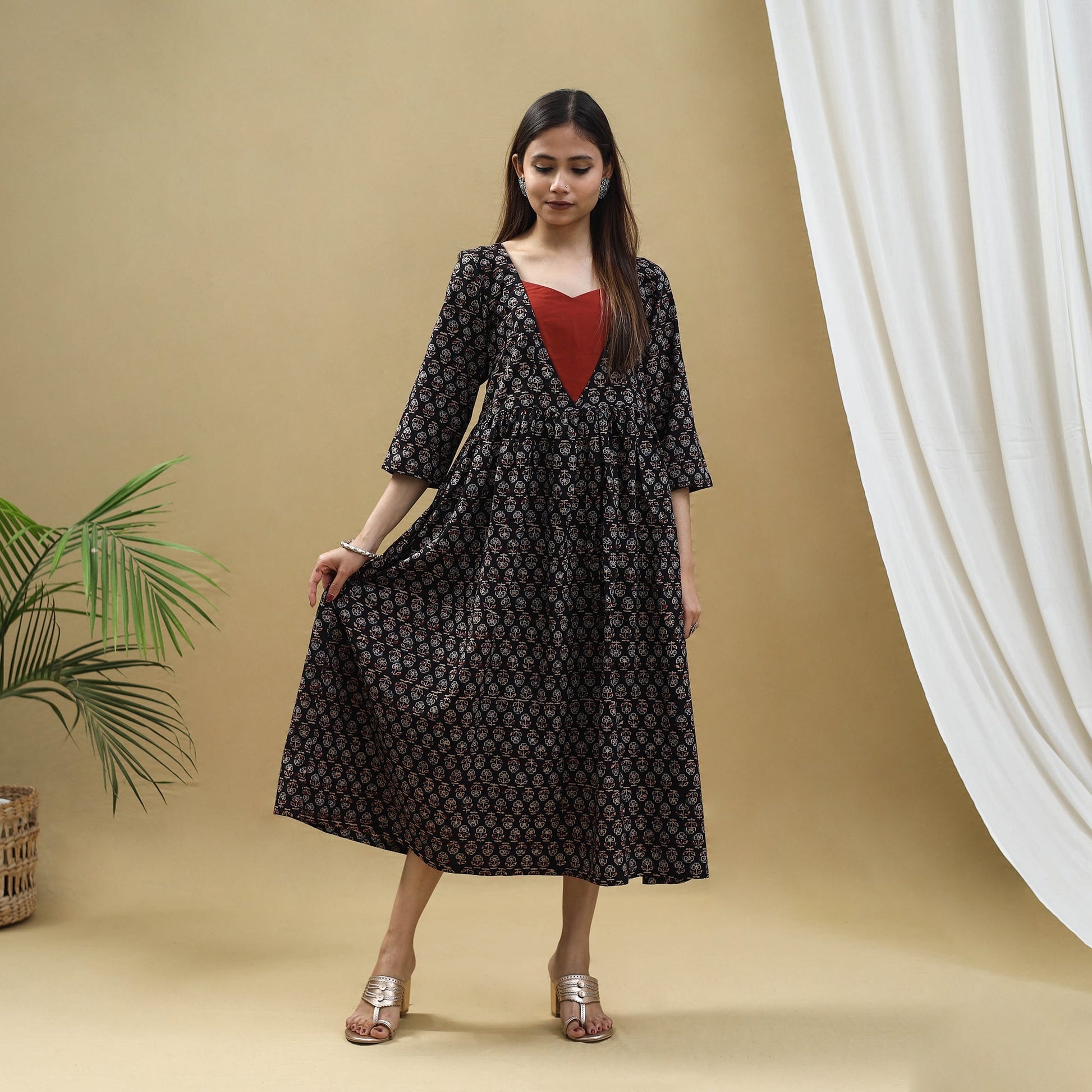 Black - Block Print Cotton Flared Ajrakh Dress 10