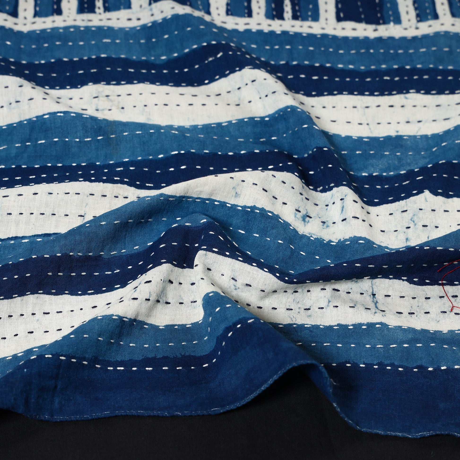 Blue - Block Printed Tagai Work Cotton Stole with Tassels