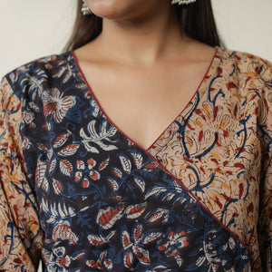 Beige - Pedana Kalamkari Block Printed Cotton Straight Kurta with Ajrakh Patchwork 10