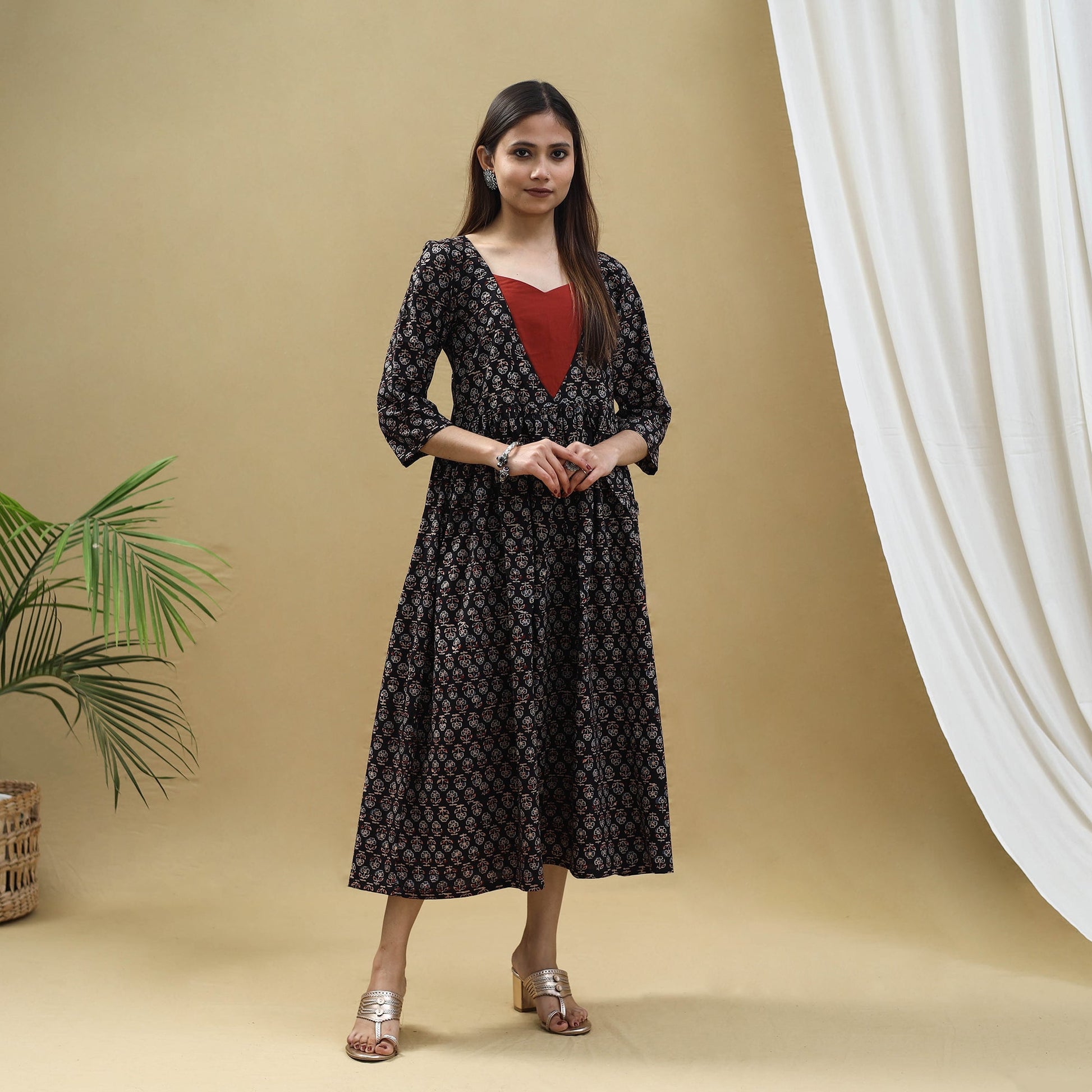 Black - Block Print Cotton Flared Ajrakh Dress 10