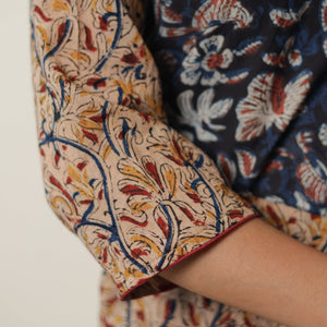 Beige - Pedana Kalamkari Block Printed Cotton Straight Kurta with Ajrakh Patchwork 10