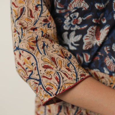 Beige - Pedana Kalamkari Block Printed Cotton Straight Kurta with Ajrakh Patchwork 10