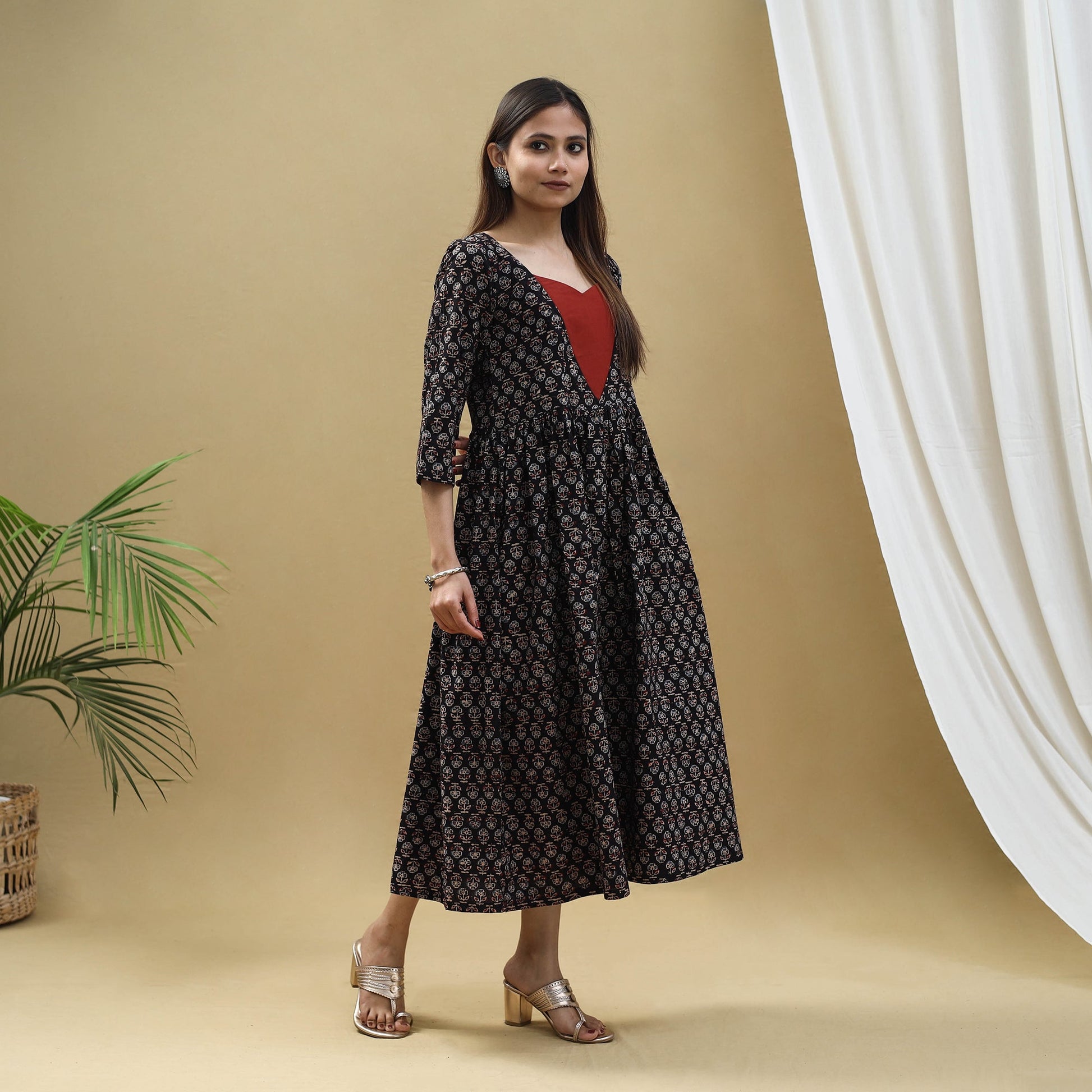 Black - Block Print Cotton Flared Ajrakh Dress 10