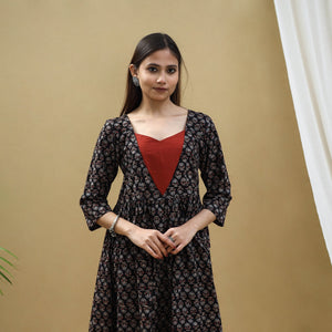 Black - Block Print Cotton Flared Ajrakh Dress 10