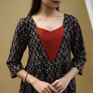 Black - Block Print Cotton Flared Ajrakh Dress 10