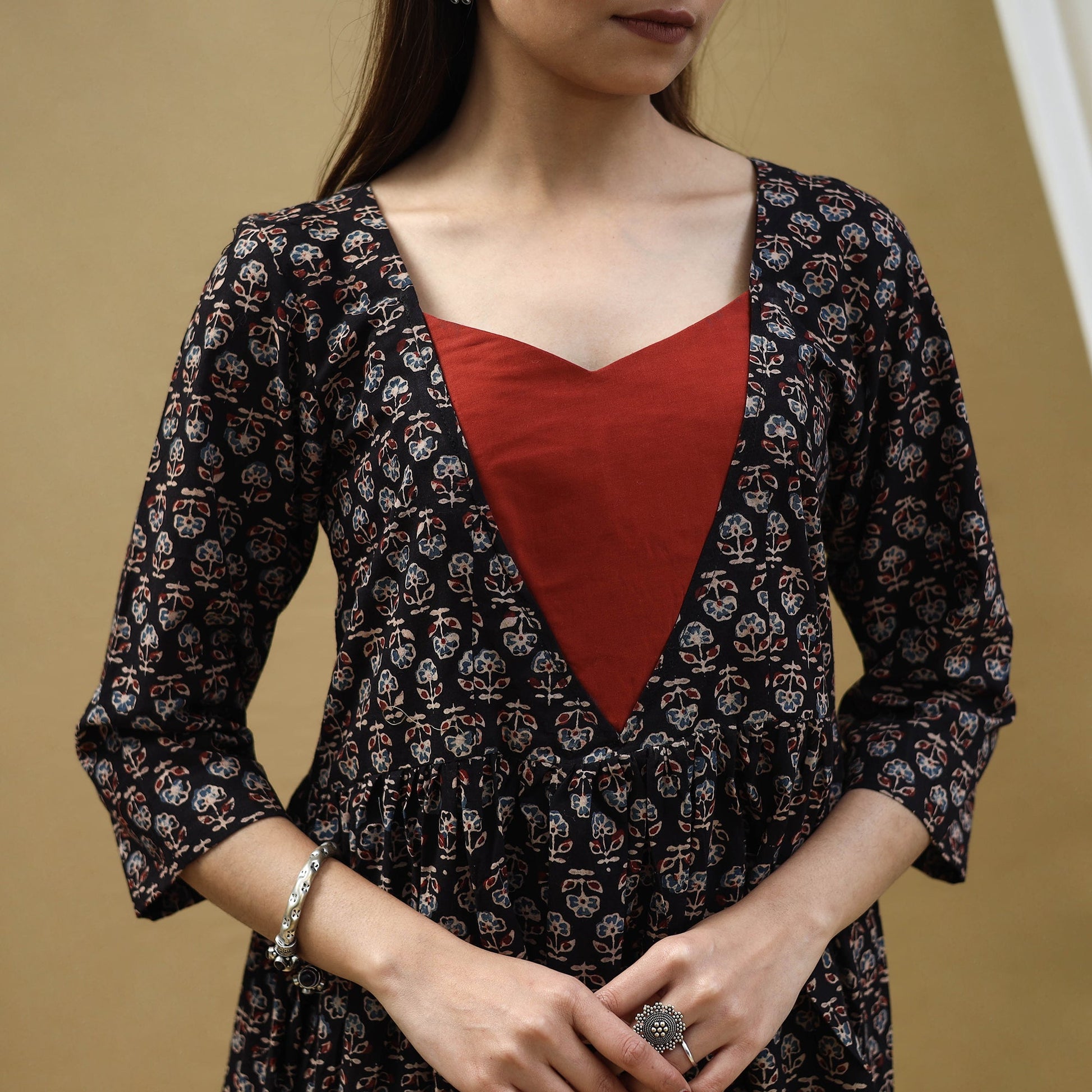 Black - Block Print Cotton Flared Ajrakh Dress 10
