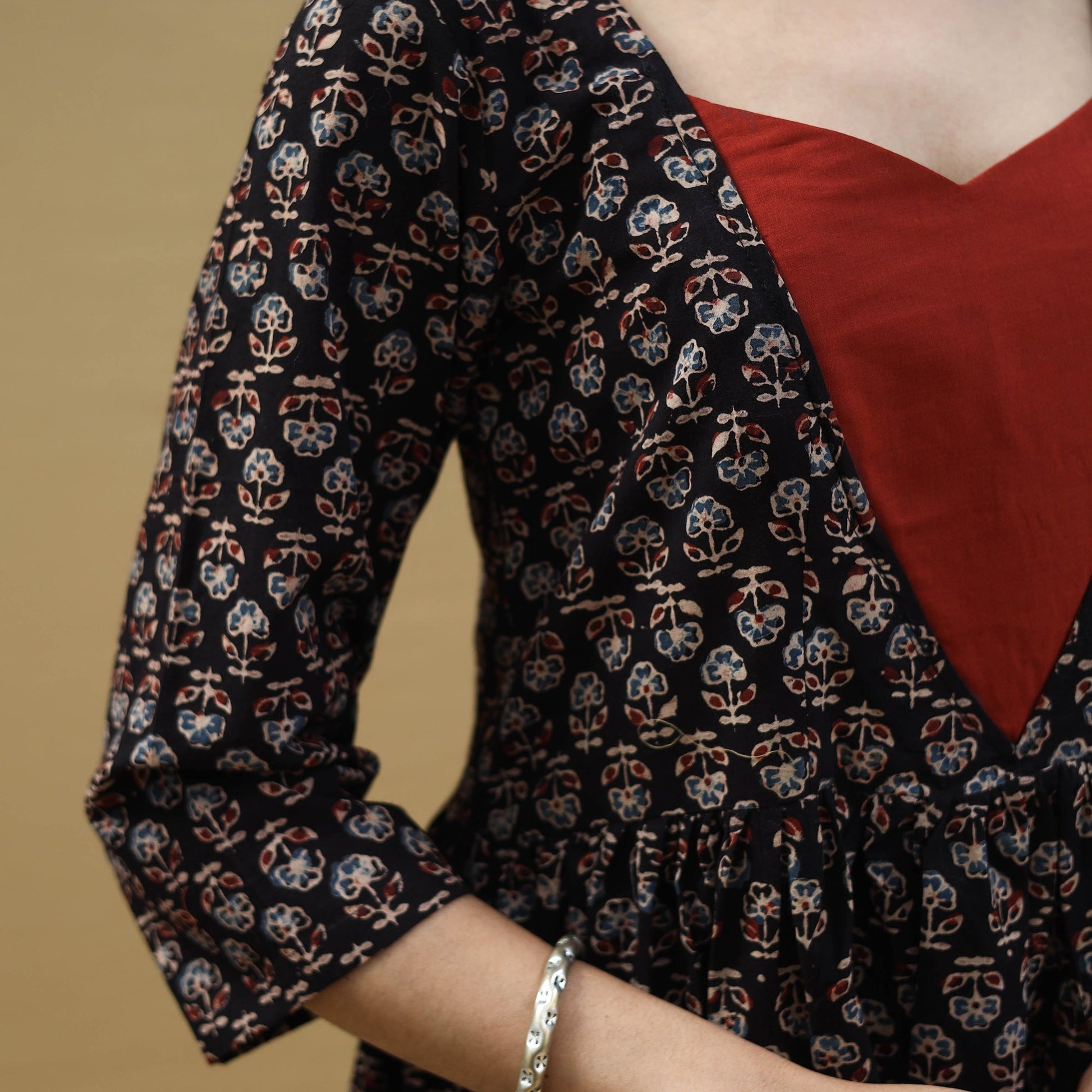 Black - Block Print Cotton Flared Ajrakh Dress 10