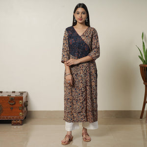 Brown - Pedana Kalamkari Block Printed Cotton Straight Kurta with Ajrakh Patchwork 09