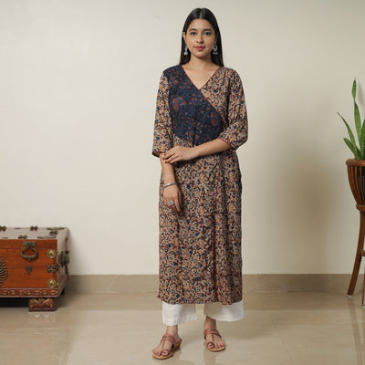 Brown - Pedana Kalamkari Block Printed Cotton Straight Kurta with Ajrakh Patchwork 09