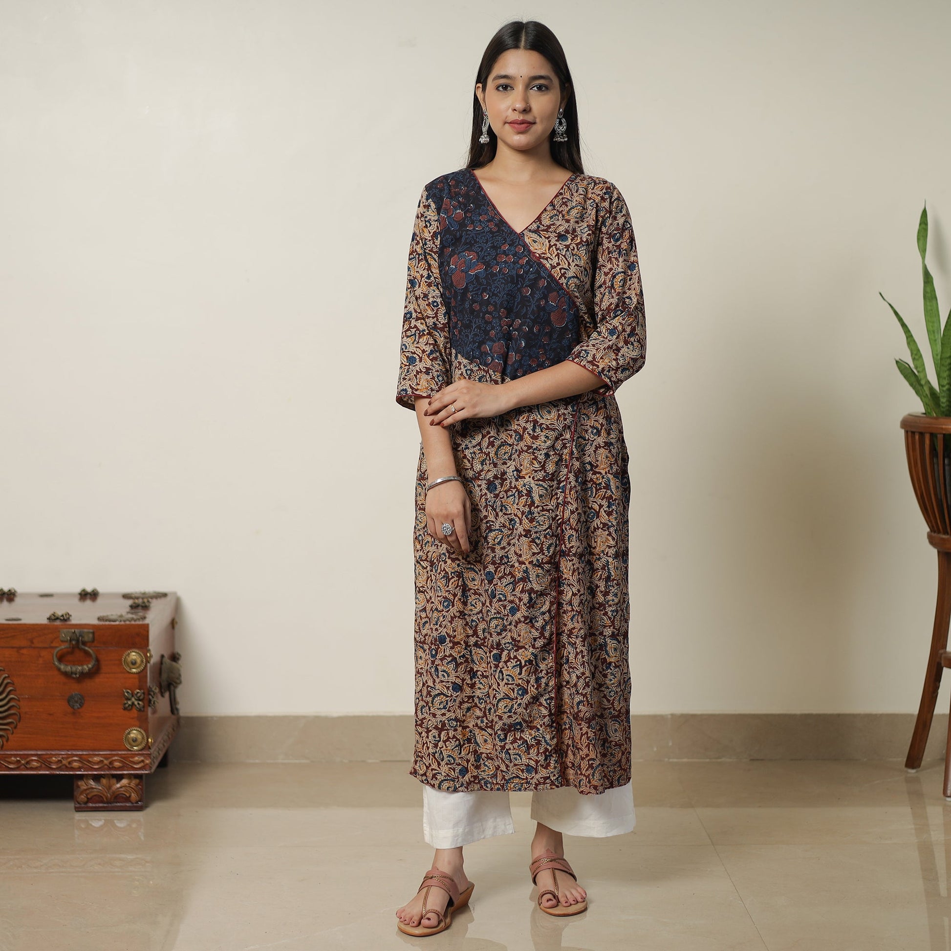 Brown - Pedana Kalamkari Block Printed Cotton Straight Kurta with Ajrakh Patchwork 09