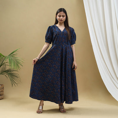 Blue - Block Print Cotton Flared Ajrakh Dress 03