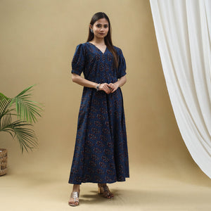 Blue - Block Print Cotton Flared Ajrakh Dress 03