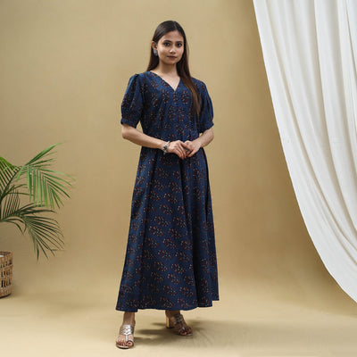 Blue - Block Print Cotton Flared Ajrakh Dress 03