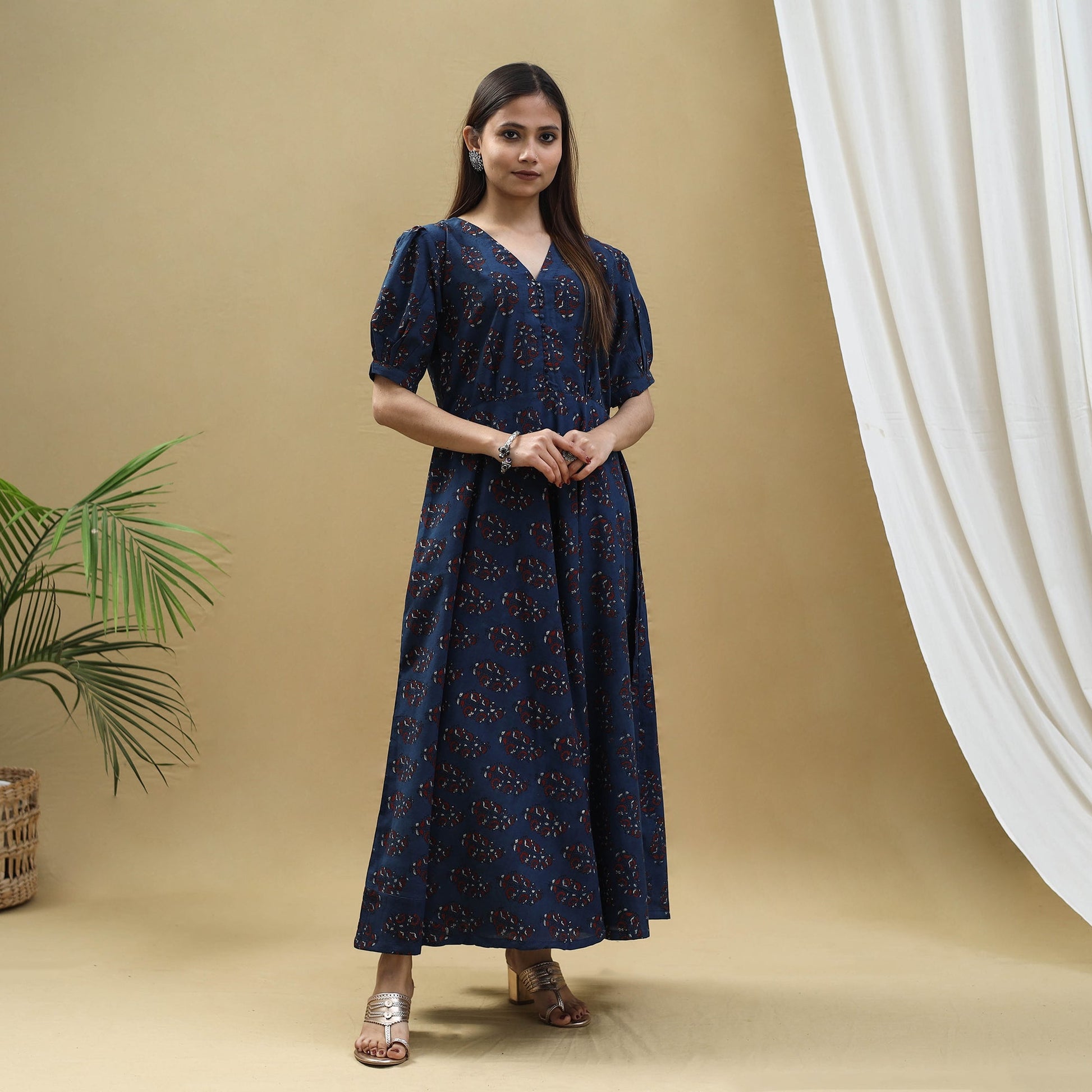 Blue - Block Print Cotton Flared Ajrakh Dress 03