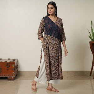Brown - Pedana Kalamkari Block Printed Cotton Straight Kurta with Ajrakh Patchwork 09