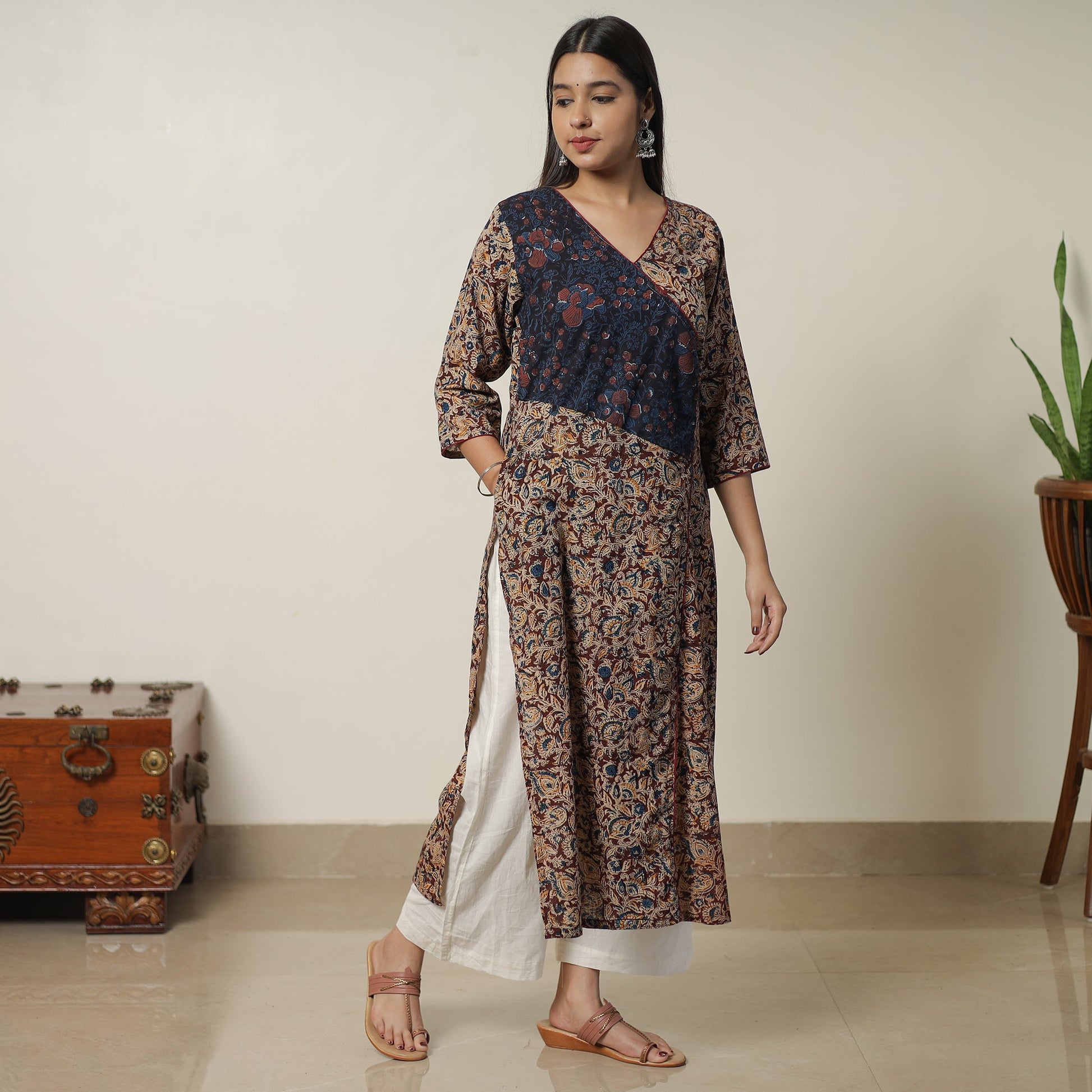 Brown - Pedana Kalamkari Block Printed Cotton Straight Kurta with Ajrakh Patchwork 09