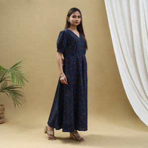 Blue - Block Print Cotton Flared Ajrakh Dress 03