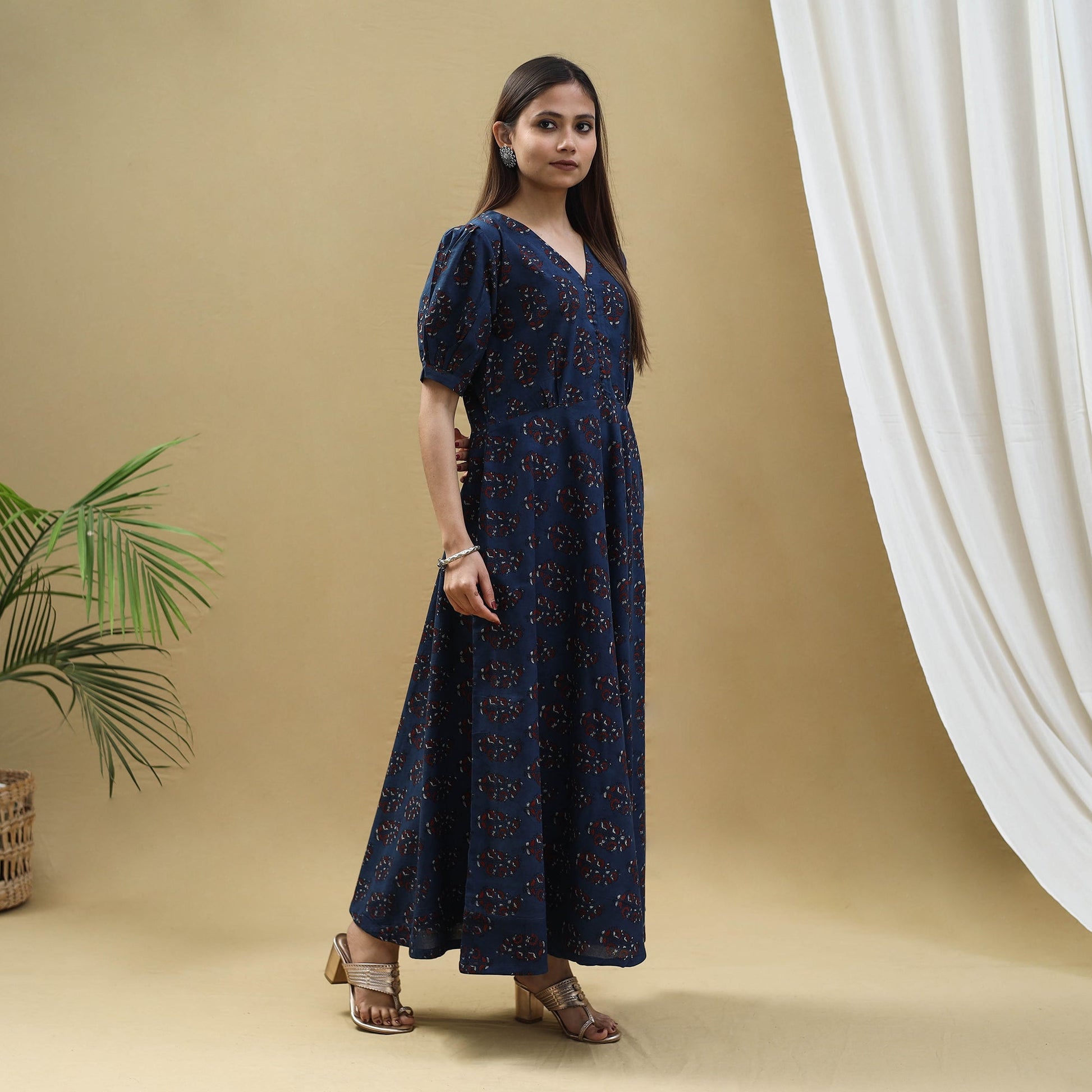 Blue - Block Print Cotton Flared Ajrakh Dress 03