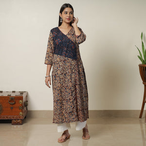 Brown - Pedana Kalamkari Block Printed Cotton Straight Kurta with Ajrakh Patchwork 09