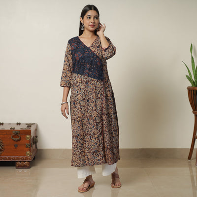 Brown - Pedana Kalamkari Block Printed Cotton Straight Kurta with Ajrakh Patchwork 09