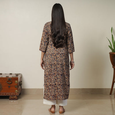 Brown - Pedana Kalamkari Block Printed Cotton Straight Kurta with Ajrakh Patchwork 09