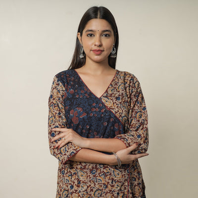 Brown - Pedana Kalamkari Block Printed Cotton Straight Kurta with Ajrakh Patchwork 09