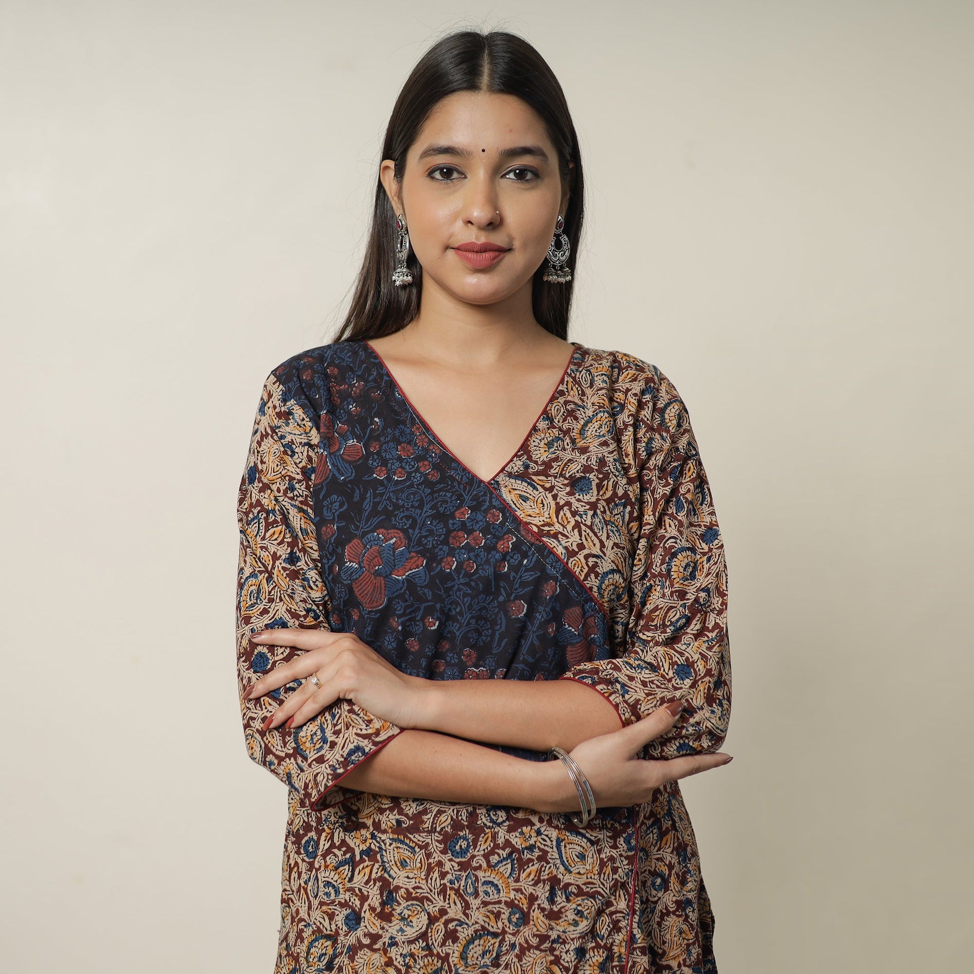 Brown - Pedana Kalamkari Block Printed Cotton Straight Kurta with Ajrakh Patchwork 09