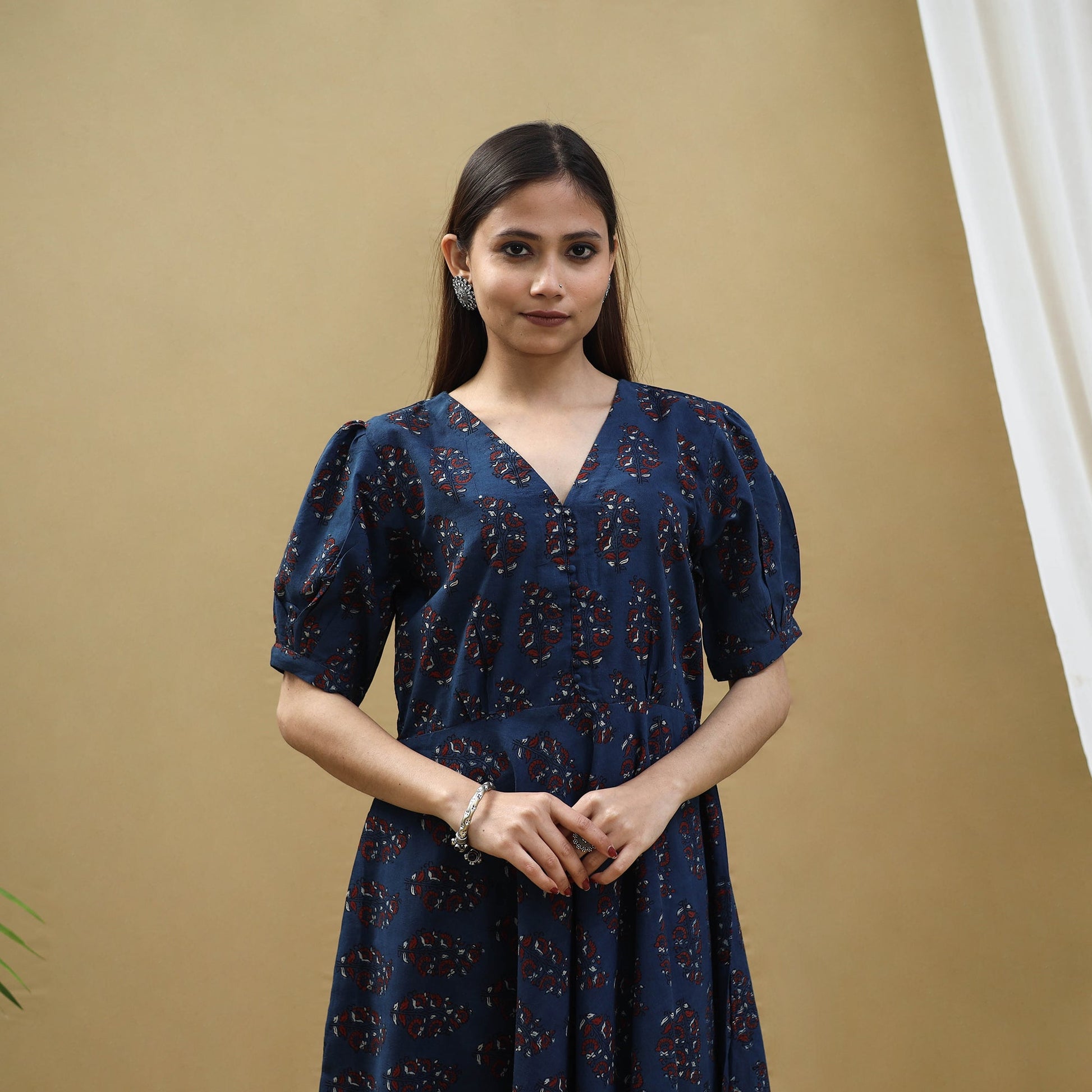Blue - Block Print Cotton Flared Ajrakh Dress 03