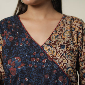 Brown - Pedana Kalamkari Block Printed Cotton Straight Kurta with Ajrakh Patchwork 09