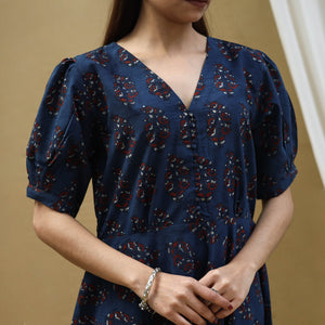 Blue - Block Print Cotton Flared Ajrakh Dress 03