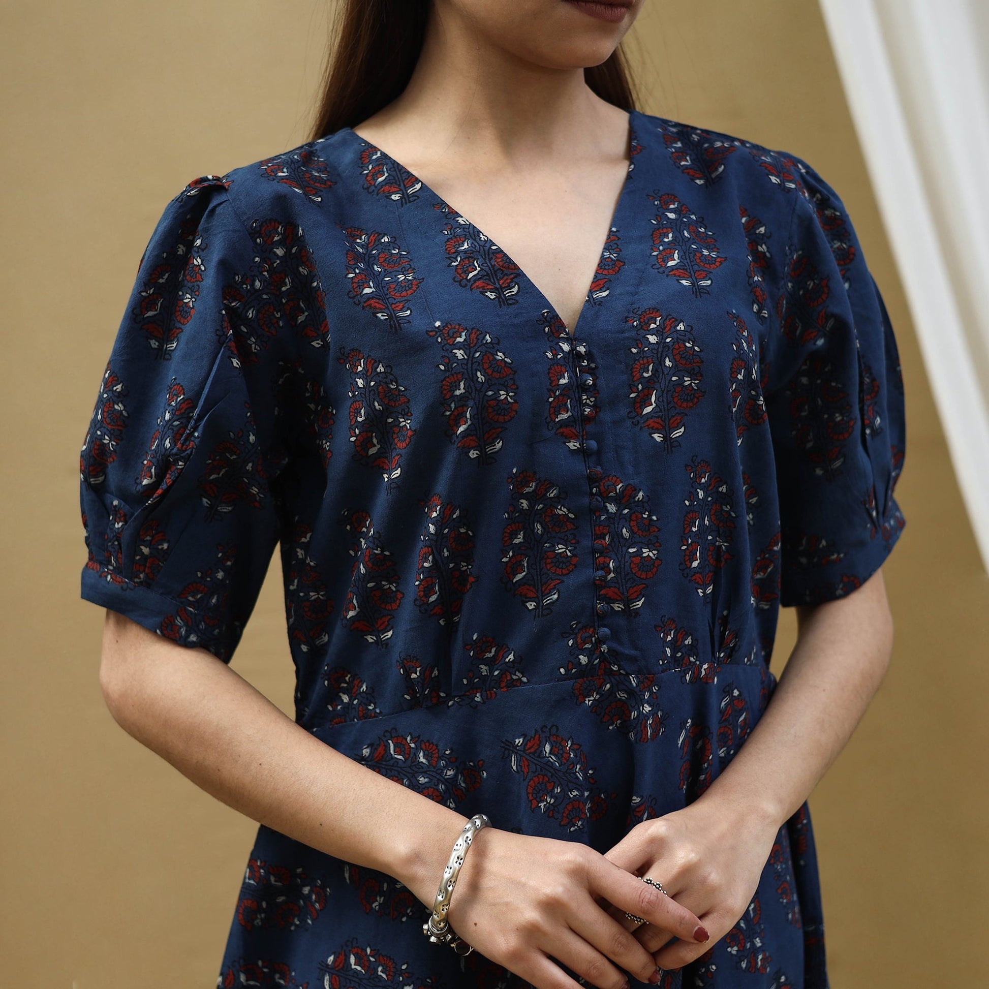 Blue - Block Print Cotton Flared Ajrakh Dress 03