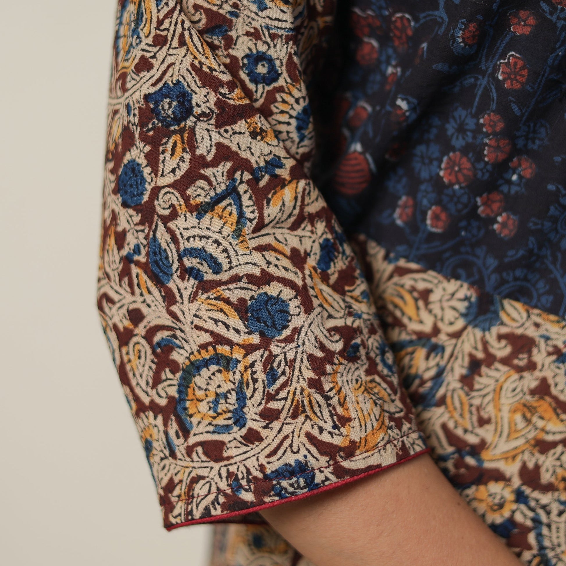 Brown - Pedana Kalamkari Block Printed Cotton Straight Kurta with Ajrakh Patchwork 09