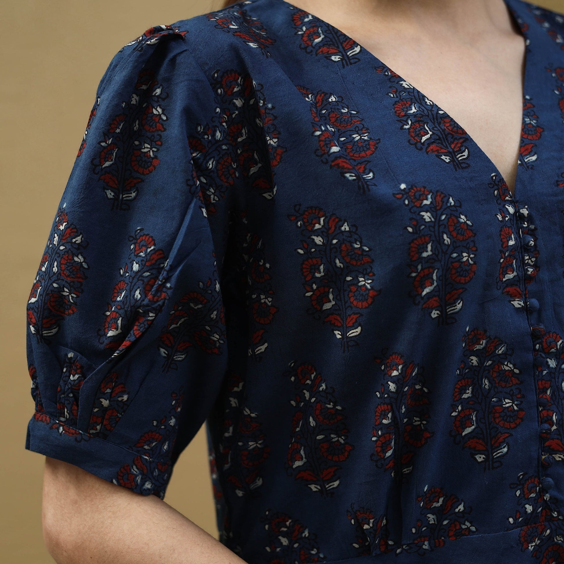 Blue - Block Print Cotton Flared Ajrakh Dress 03