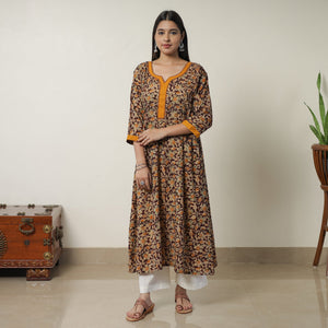Brown - Pedana Kalamkari Block Printed Cotton A-Line Kurta with Tagai Work 14