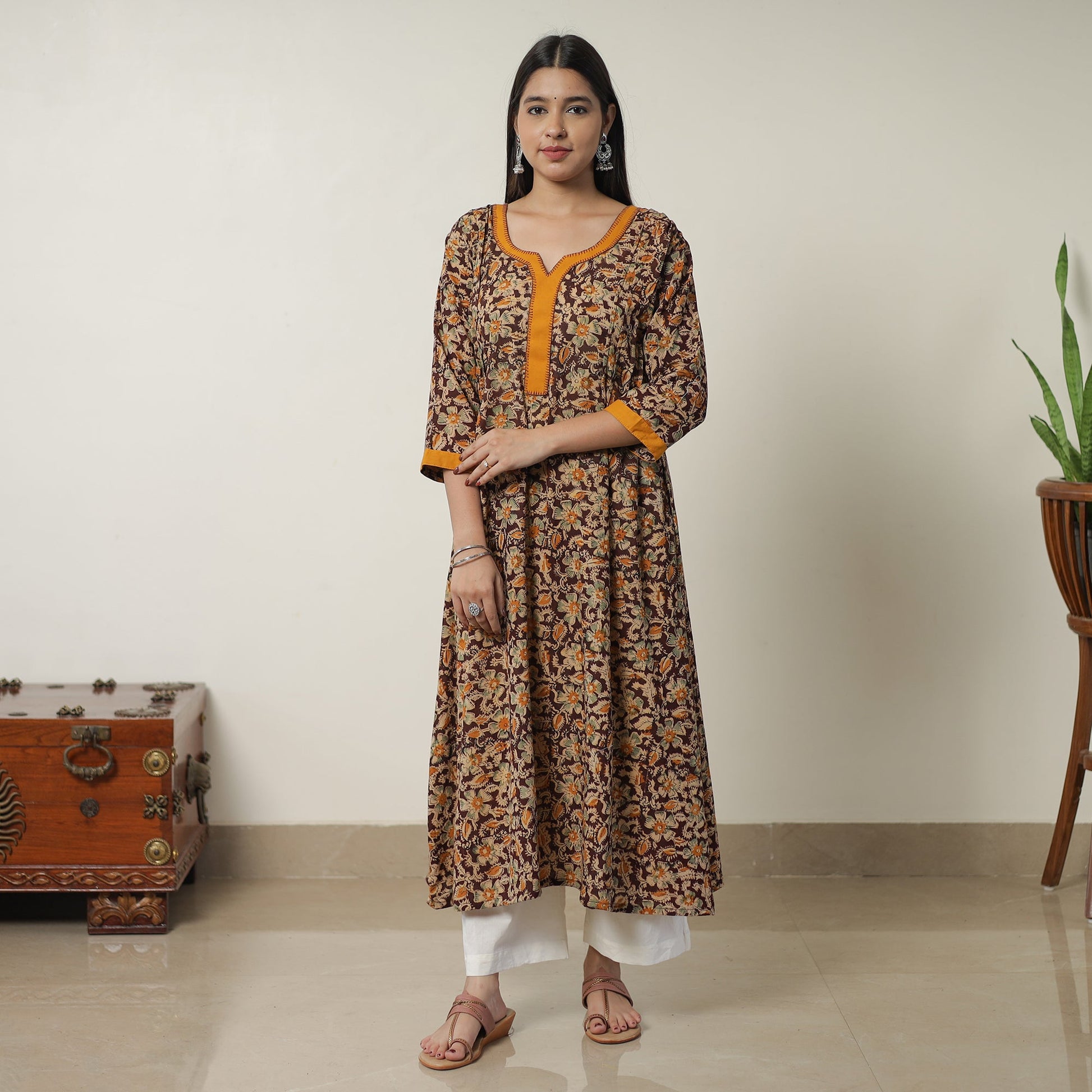 Brown - Pedana Kalamkari Block Printed Cotton A-Line Kurta with Tagai Work 14