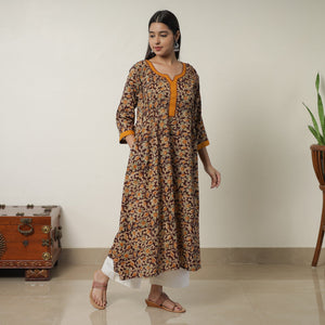 Brown - Pedana Kalamkari Block Printed Cotton A-Line Kurta with Tagai Work 14