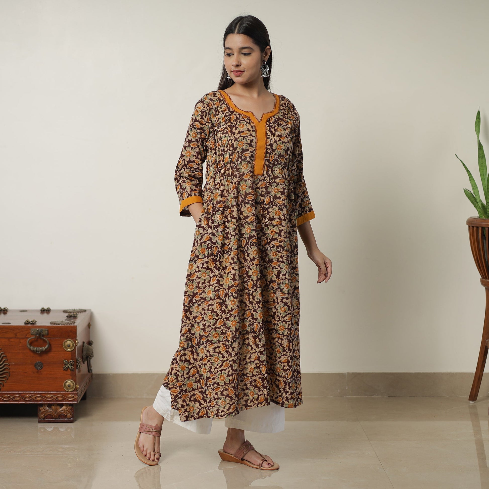 Brown - Pedana Kalamkari Block Printed Cotton A-Line Kurta with Tagai Work 14