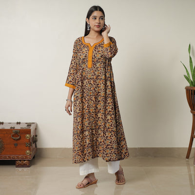 Brown - Pedana Kalamkari Block Printed Cotton A-Line Kurta with Tagai Work 14