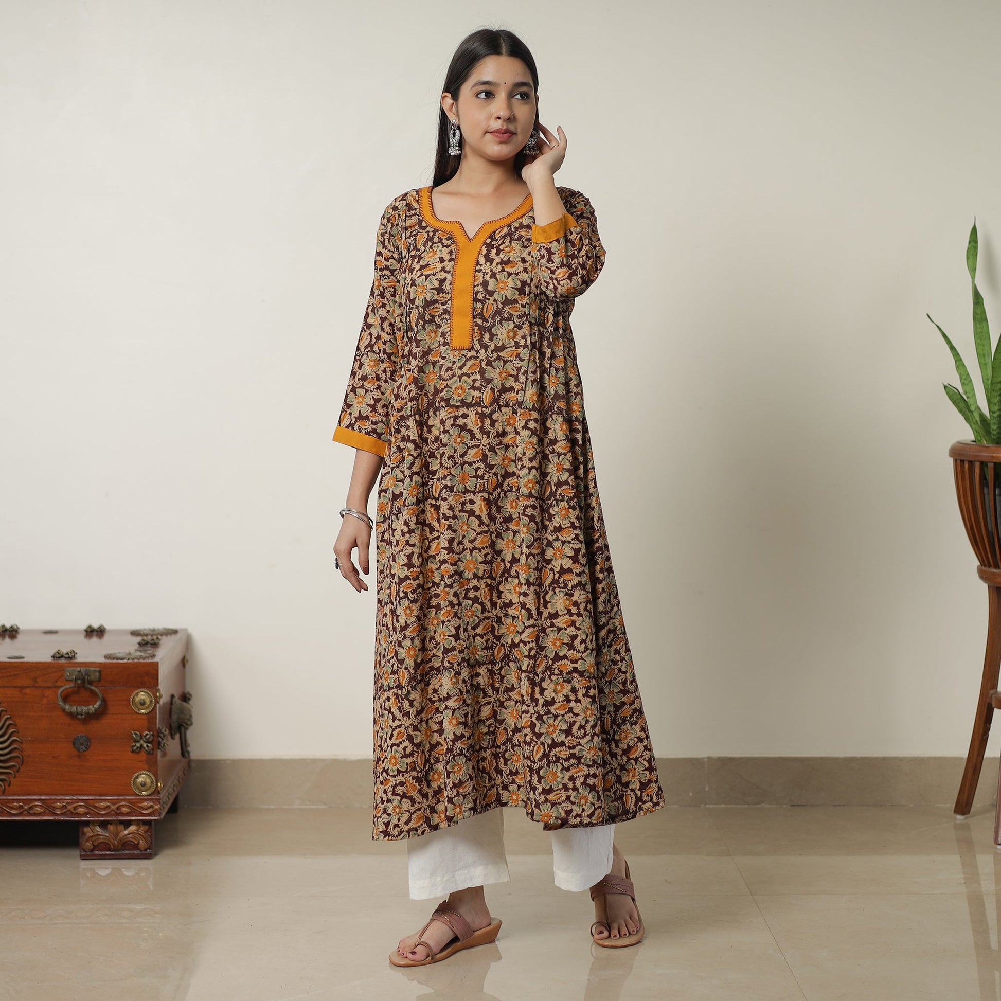 Brown - Pedana Kalamkari Block Printed Cotton A-Line Kurta with Tagai Work 14