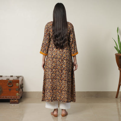 Brown - Pedana Kalamkari Block Printed Cotton A-Line Kurta with Tagai Work 14