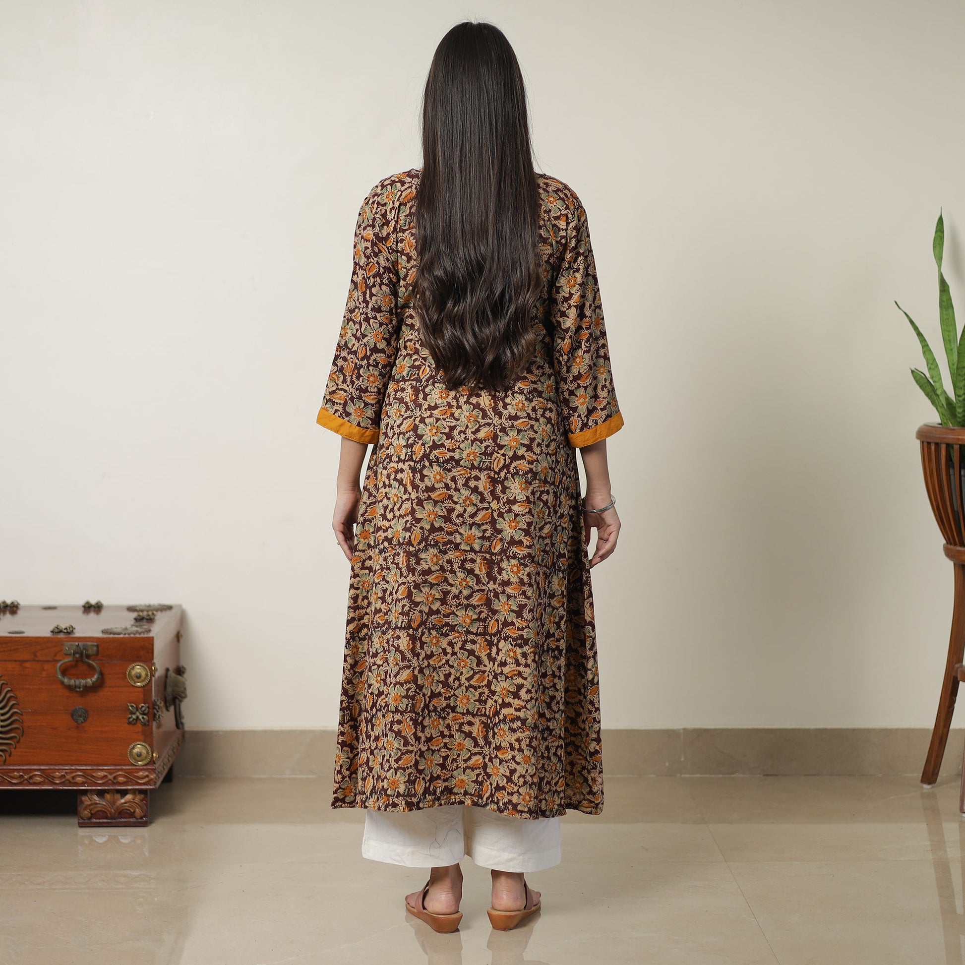 Brown - Pedana Kalamkari Block Printed Cotton A-Line Kurta with Tagai Work 14