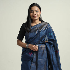 Blue - Bhagalpuri Pure Desi Tussar Silk Handloom Saree with Zari Border